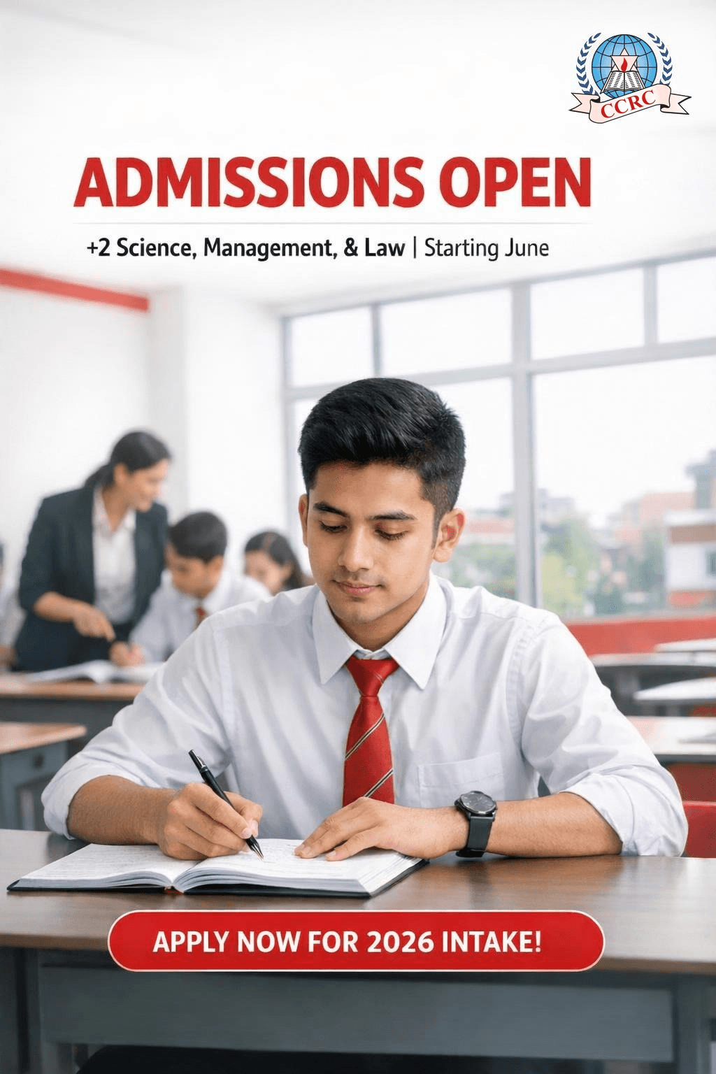 School admissions campaign creative with a student and 2026 intake call to action